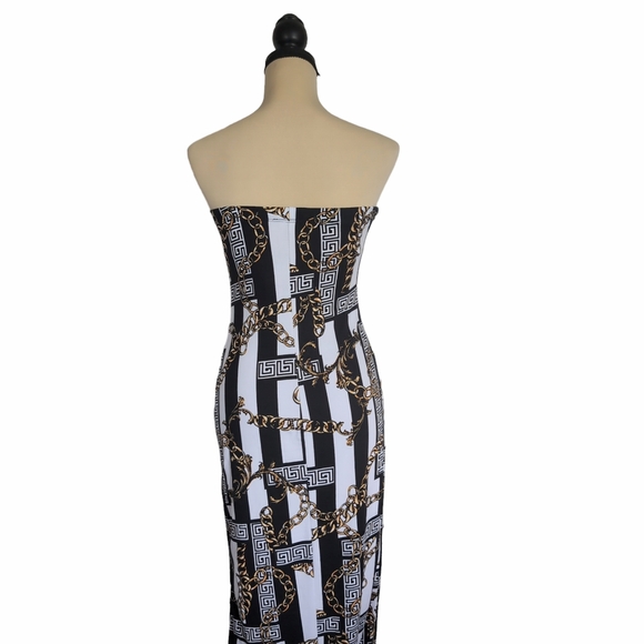 Stretchy Strapless Maxi Dress Navy & Gold Greek Key Pattern Medium - Picture 6 of 8